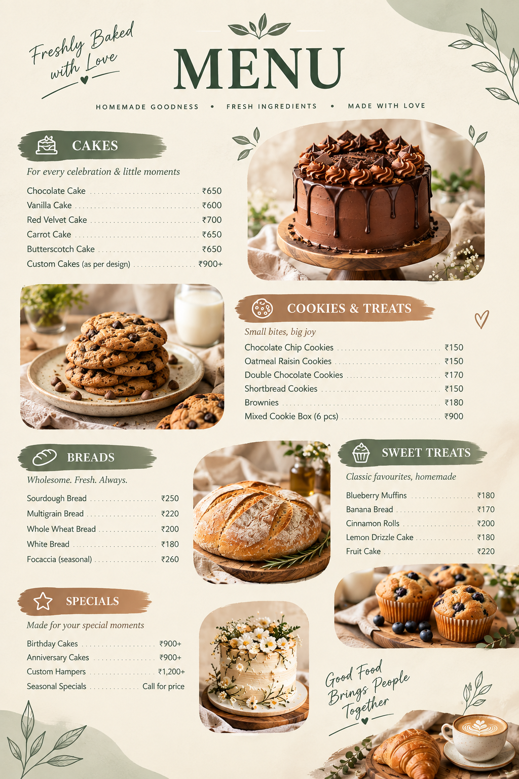 Wild Grain Bakers menu featuring cakes, cookies, breads and sweet treats